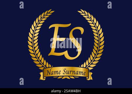 Initial letter E and S, ES monogram logo design with laurel wreath. Luxury golden emblem with calligraphy font. Stock Vector