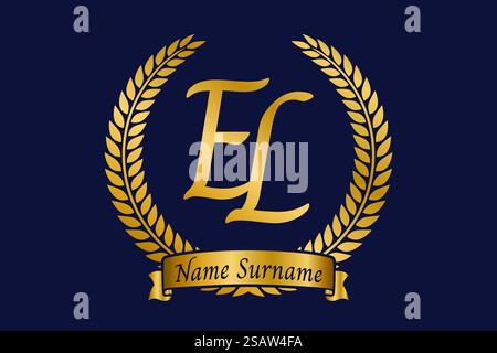 Initial letter E and L, EL monogram logo design with laurel wreath. Luxury golden emblem with calligraphy font. Stock Vector