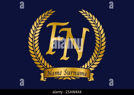 Initial letter F and N, FN monogram logo design with laurel wreath. Luxury golden emblem with calligraphy font. Stock Vector