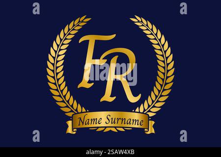 Initial letter F and R, FR monogram logo design with laurel wreath. Luxury golden emblem with calligraphy font. Stock Vector