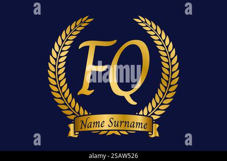 Initial letter F and Q, FQ monogram logo design with laurel wreath. Luxury golden emblem with calligraphy font. Stock Vector