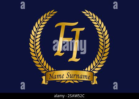 Initial letter F and I, FI monogram logo design with laurel wreath. Luxury golden emblem with calligraphy font. Stock Vector