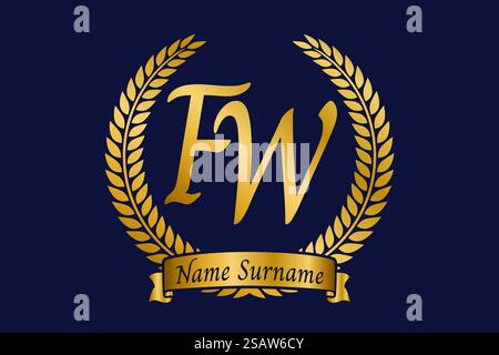 Initial letter F and W, FW monogram logo design with laurel wreath. Luxury golden emblem with calligraphy font. Stock Vector