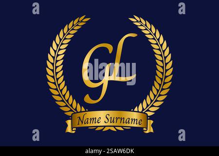 Initial letter G and L, GL monogram logo design with laurel wreath. Luxury golden emblem with calligraphy font. Stock Vector