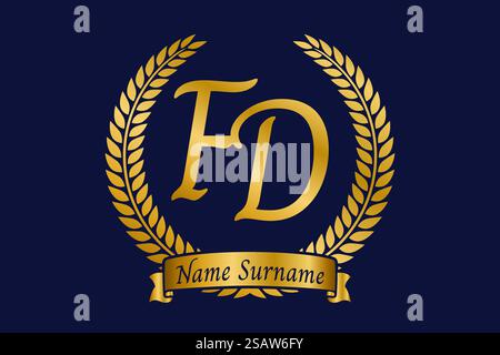 Initial letter F and D, FD monogram logo design with laurel wreath. Luxury golden emblem with calligraphy font. Stock Vector