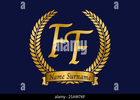Initial letter F and F, FF monogram logo design with laurel wreath. Luxury golden emblem with calligraphy font. Stock Vector