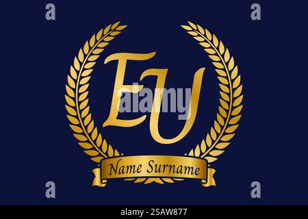 Initial letter E and U, EU monogram logo design with laurel wreath. Luxury golden emblem with calligraphy font. Stock Vector