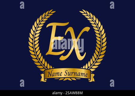 Initial letter E and X, EX monogram logo design with laurel wreath. Luxury golden emblem with calligraphy font. Stock Vector
