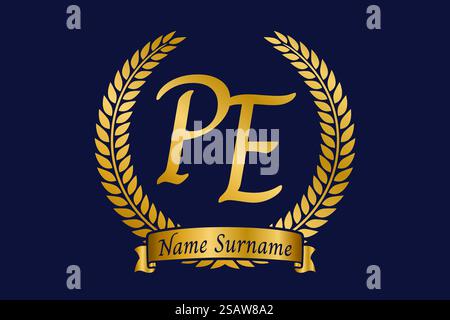 Initial letter P and E, PE monogram logo design with laurel wreath. Luxury golden emblem with calligraphy font. Stock Vector