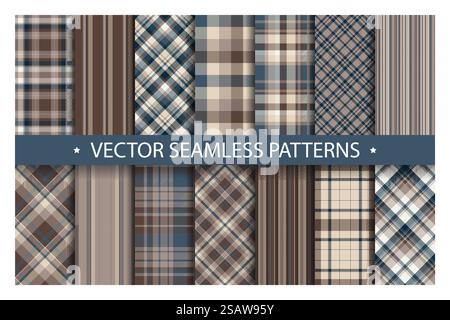 Set plaid pattern seamless. Tartan patterns fabric texture. Checkered geometric vector background. Scottish stripe blanket backdrop. Fashion cloth collection tile flat design textile.. Set plaid pattern seamless. Tartan patterns fabric texture. Checkered geometric vector background. Scottish stripe blanket backdrop. Stock Vector