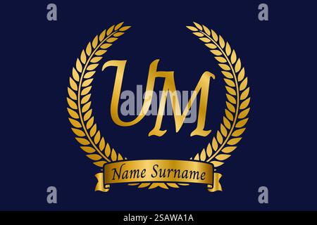 Initial letter U and M, UM monogram logo design with laurel wreath. Luxury golden emblem with calligraphy font. Stock Vector