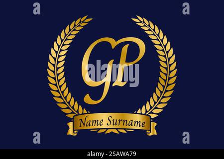 Initial letter G and P, GP monogram logo design with laurel wreath. Luxury golden emblem with calligraphy font. Stock Vector