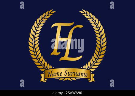Initial letter F and L, FL monogram logo design with laurel wreath. Luxury golden emblem with calligraphy font. Stock Vector