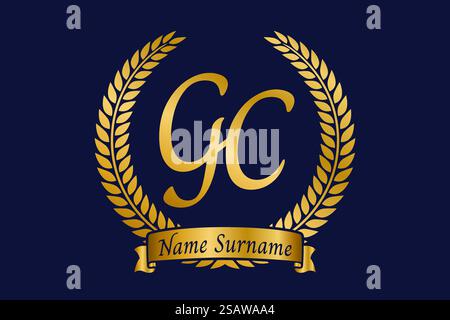 Initial letter G and C, GC monogram logo design with laurel wreath. Luxury golden emblem with calligraphy font. Stock Vector
