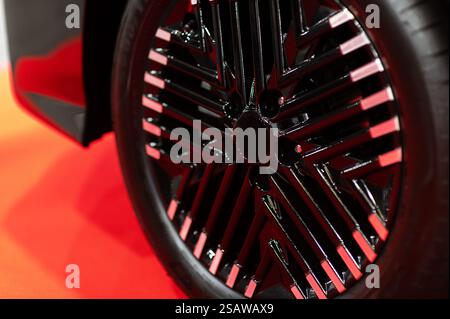 Close-up of modern sports car wheels, low profile tires on aluminum rims. Stock Photo