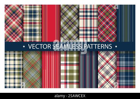Tartan set pattern seamless plaid vector. Geometric background fabric texture. Modern check fashion template for textile print, wrapping paper, gift card, wallpaper flat design. Stock Vector