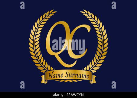 Initial letter Q and C, QC monogram logo design with laurel wreath. Luxury golden emblem with calligraphy font. Stock Vector