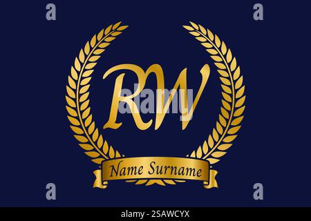 Initial letter R and W, RW monogram logo design with laurel wreath. Luxury golden emblem with calligraphy font. Stock Vector