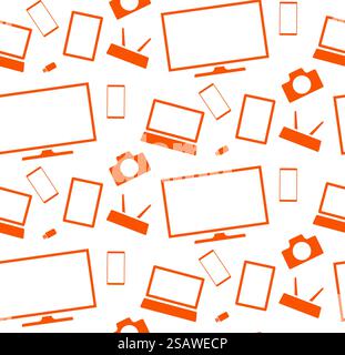 orange household appliances and electronics tablet tv smartphone camera flash card router seamless pattern vector illustration. orange household appliances and electronics tablet tv smartphone camera flash card router seamless pattern Stock Vector