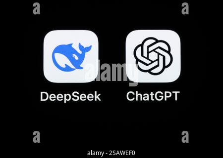 Rottweil, Germany. 31st Jan, 2025. The application app from the Chinese start-up DeepSeek and the US software company OpenAI (ChatGPT) can be seen on the display of an iPhone. Credit: Silas Stein/dpa/Ģ����ý Live News Stock Photo