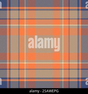 Fabric plaid check of tartan seamless vector with a texture pattern background textile in orange and blue colors. Stock Vector