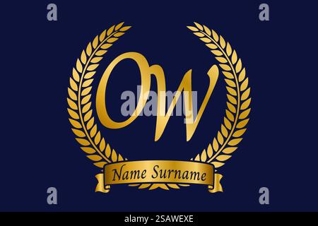Initial letter O and W, OW monogram logo design with laurel wreath. Luxury golden emblem with calligraphy font. Stock Vector