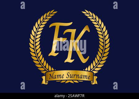 Initial letter F and K, FK monogram logo design with laurel wreath. Luxury golden emblem with calligraphy font. Stock Vector