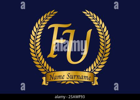 Initial letter F and U, FU monogram logo design with laurel wreath. Luxury golden emblem with calligraphy font. Stock Vector