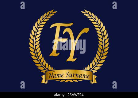 Initial letter F and Y, FY monogram logo design with laurel wreath. Luxury golden emblem with calligraphy font. Stock Vector
