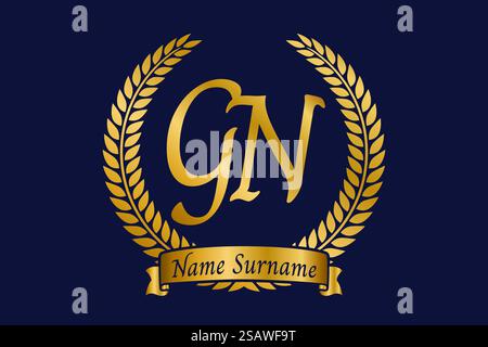 Initial letter G and N, GN monogram logo design with laurel wreath. Luxury golden emblem with calligraphy font. Stock Vector