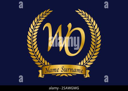 Initial letter W and O, WO monogram logo design with laurel wreath. Luxury golden emblem with calligraphy font. Stock Vector