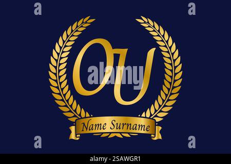 Initial letter O and U, OU monogram logo design with laurel wreath. Luxury golden emblem with calligraphy font. Stock Vector
