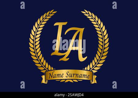 Initial letter I and A, IA monogram logo design with laurel wreath. Luxury golden emblem with calligraphy font. Stock Vector