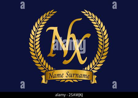 Initial letter N and X, NX monogram logo design with laurel wreath. Luxury golden emblem with calligraphy font. Stock Vector