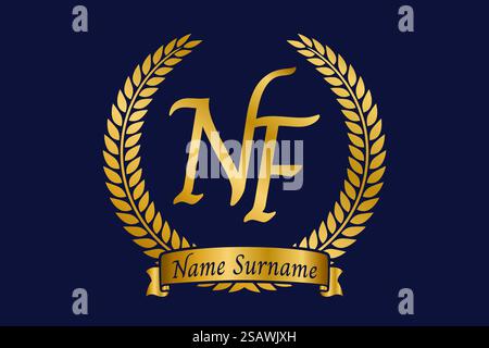 Initial letter N and F, NF monogram logo design with laurel wreath. Luxury golden emblem with calligraphy font. Stock Vector