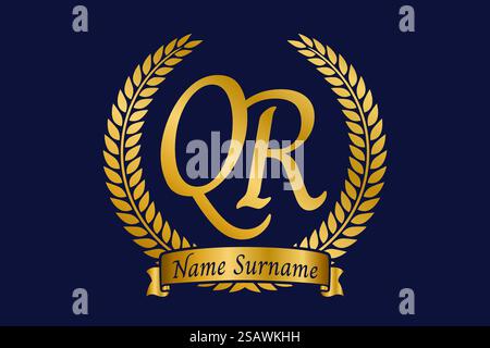 Initial letter Q and R, QR monogram logo design with laurel wreath. Luxury golden emblem with calligraphy font. Stock Vector
