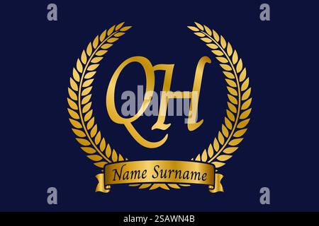 Initial letter Q and H, QH monogram logo design with laurel wreath. Luxury golden emblem with calligraphy font. Stock Vector