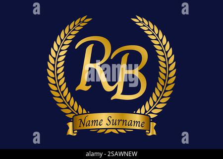 Initial letter R and B, RB monogram logo design with laurel wreath. Luxury golden emblem with calligraphy font. Stock Vector
