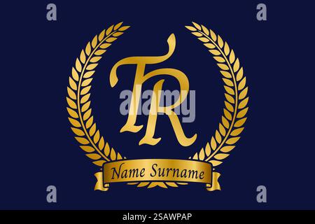 Initial letter T and R, TR monogram logo design with laurel wreath. Luxury golden emblem with calligraphy font. Stock Vector