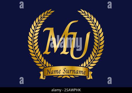 Initial letter M and U, MU monogram logo design with laurel wreath. Luxury golden emblem with calligraphy font. Stock Vector