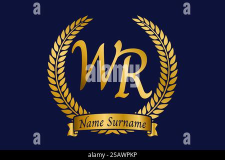 Initial letter W and R, WR monogram logo design with laurel wreath. Luxury golden emblem with calligraphy font. Stock Vector
