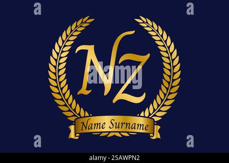 Initial letter N and Z, NZ monogram logo design with laurel wreath. Luxury golden emblem with calligraphy font. Stock Vector