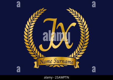 Initial letter J and X, JX monogram logo design with laurel wreath. Luxury golden emblem with calligraphy font. Stock Vector