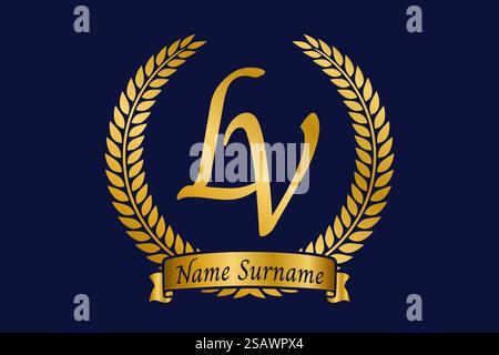 Initial letter L and V, LV monogram logo design with laurel wreath. Luxury golden emblem with calligraphy font. Stock Vector