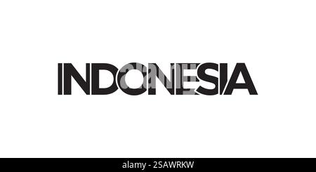 Indonesia emblem for print and web. Design features geometric style, vector illustration with bold typography in modern font. Graphic slogan lettering isolated on white background.. Indonesia emblem. The design features a geometric style, vector illustration with bold typography in a modern font. The graphic slogan lettering. Stock Vector