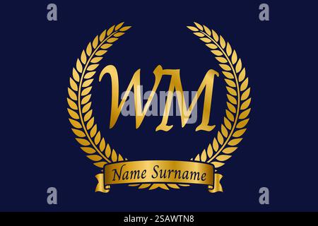 Initial letter W and M, WM monogram logo design with laurel wreath. Luxury golden emblem with calligraphy font. Stock Vector