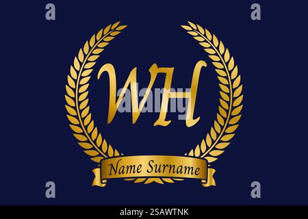 Initial letter W and H, WH monogram logo design with laurel wreath. Luxury golden emblem with calligraphy font. Stock Vector