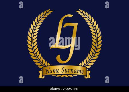 Initial letter L and J, LJ monogram logo design with laurel wreath. Luxury golden emblem with calligraphy font. Stock Vector