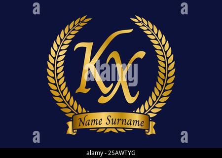 Initial letter K and X, KX monogram logo design with laurel wreath. Luxury golden emblem with calligraphy font. Stock Vector