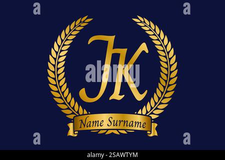 Initial letter J and K, JK monogram logo design with laurel wreath. Luxury golden emblem with calligraphy font. Stock Vector